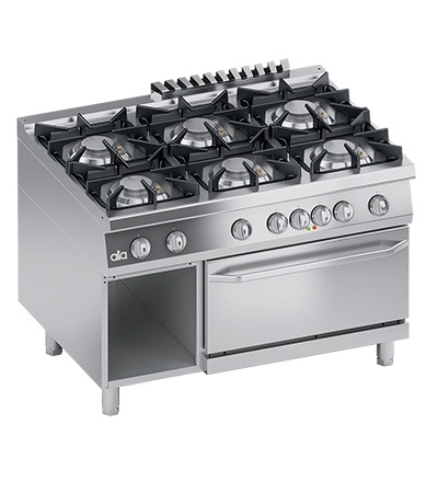 Masina de gatit linia 900 SOLUTION/ Aragaz profesional alimentare gaz 6 arzatoare cuptor electric GN 2/1 si dulap deschis ATA