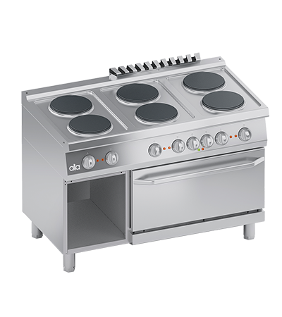 Masina de gatit linia 700 PERFORMANCE/ Aragaz profesional electric 6 arzatoare rotunde si cuptor electric si dulap deschis 2/1GN ATA