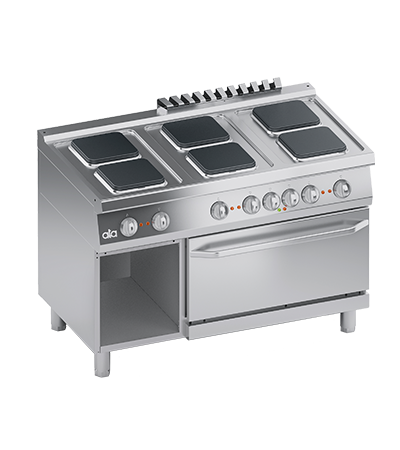 Masina de gatit linia 700 PERFORMANCE/ Aragaz profesional electric 6 arzatoare patrate si cuptor electric si dulap deschis 2/1GN ATA