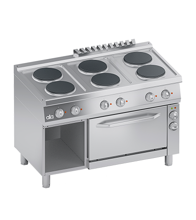 Masina de gatit linia 700 PERFORMANCE/ Aragaz profesional electric 6 arzatoare rotunde si cuptor electric ventilat si dulap deschis 1/1GN ATA