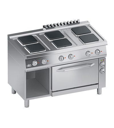 Masina de gatit linia 700 PERFORMANCE/ Aragaz profesional electric 6 arzatoare patrate si cuptor electric ventilat si dulap deschis 1/1GN ATA